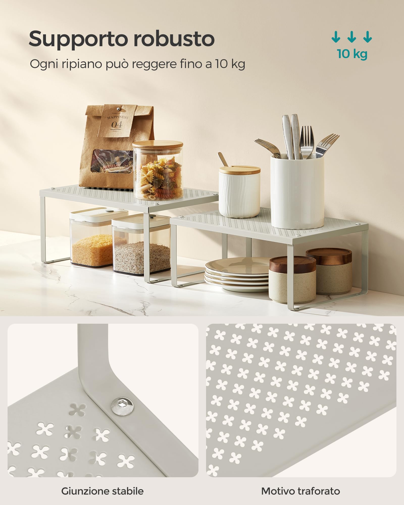 SONGMICS Scaffale Portaspezie, Set di 4 Organizzatori da Cucina Espandibili, Scaffale da Cucina Impilabile, Metallo, Beige Avena KCS006K01
