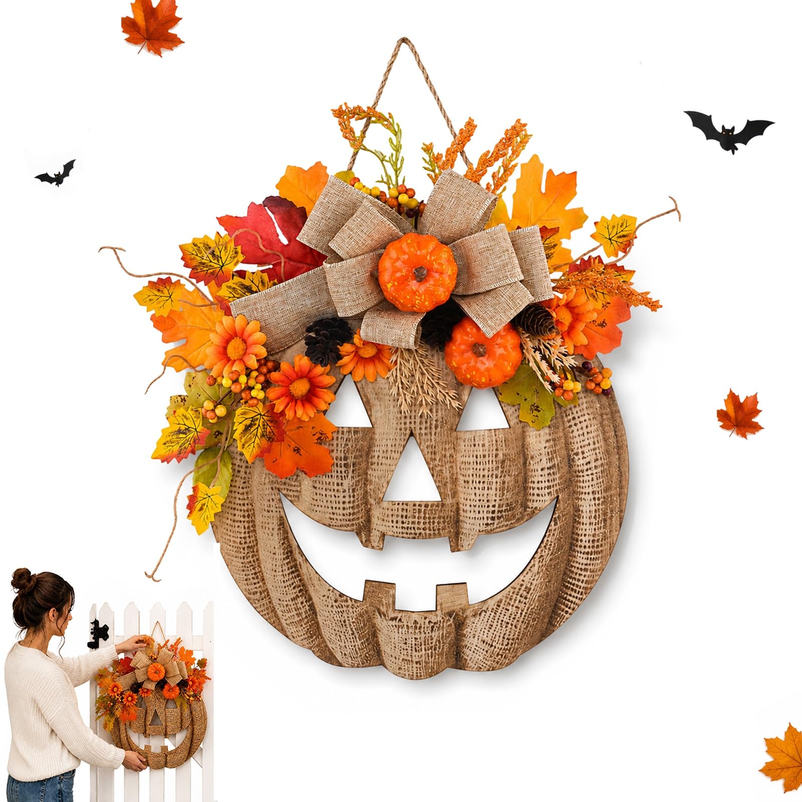 ZQMVXR Burlap Pumpkin Wreath, Halloween Farmhouse Warm Harvest Fall Wreath