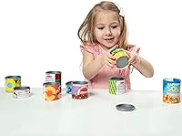 Vista 7 de Melissa & Doug, ¡Juguemos a la casa! Accesorios de cocina, Latas de comida, 10 latas apilables con tapas extraíbles