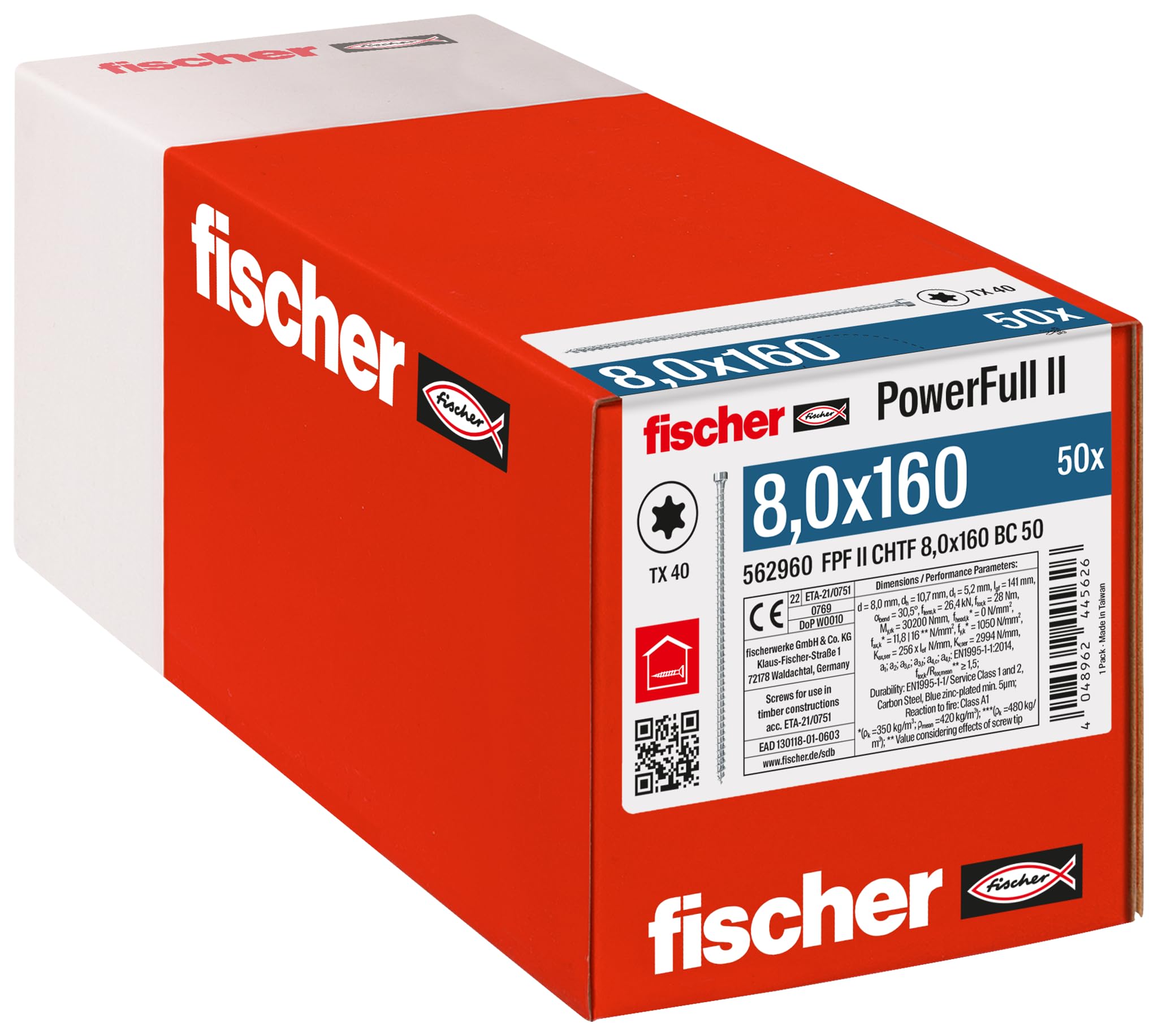 fischer PowerFull II 8,0 x 160, Premium Vollgewindeschraube (50 Stk.) mit innovativer Spitzengeometrie, Stahlschraube für tragende Holzkonstruktionen mit Zylinderkopf, vermindert Spaltrisiko