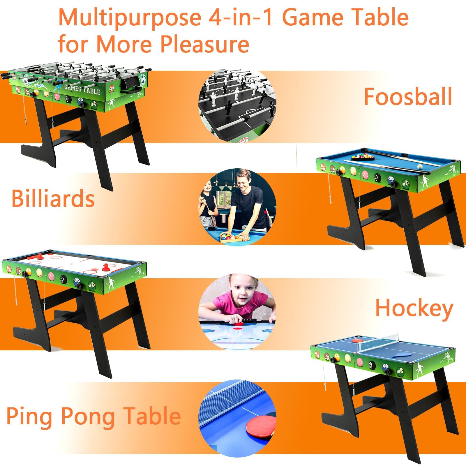 HLC Table Multijeux 4 en 1, Baby Foot Pliable, Multifonction Sport Babyfoot/Billard/Tennis de Table/Hockey, Convient Aux Adultes Et Aux Enfants Plaisir Familial.