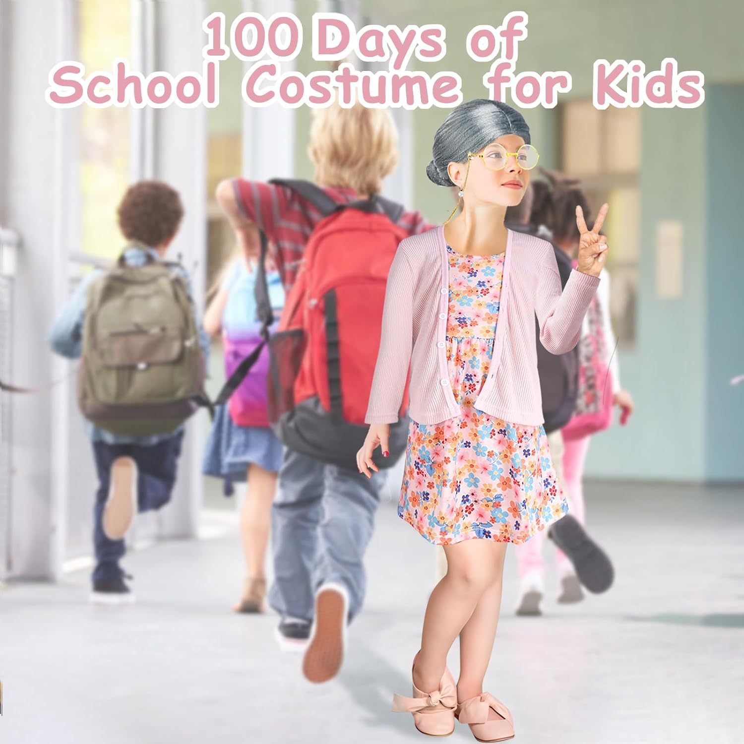 Kid 100th Day of School Costume, Old Lady Costume for Girls, 100 Days of School Costume Grandma Granny Wig Accessories Outfit - Image 2