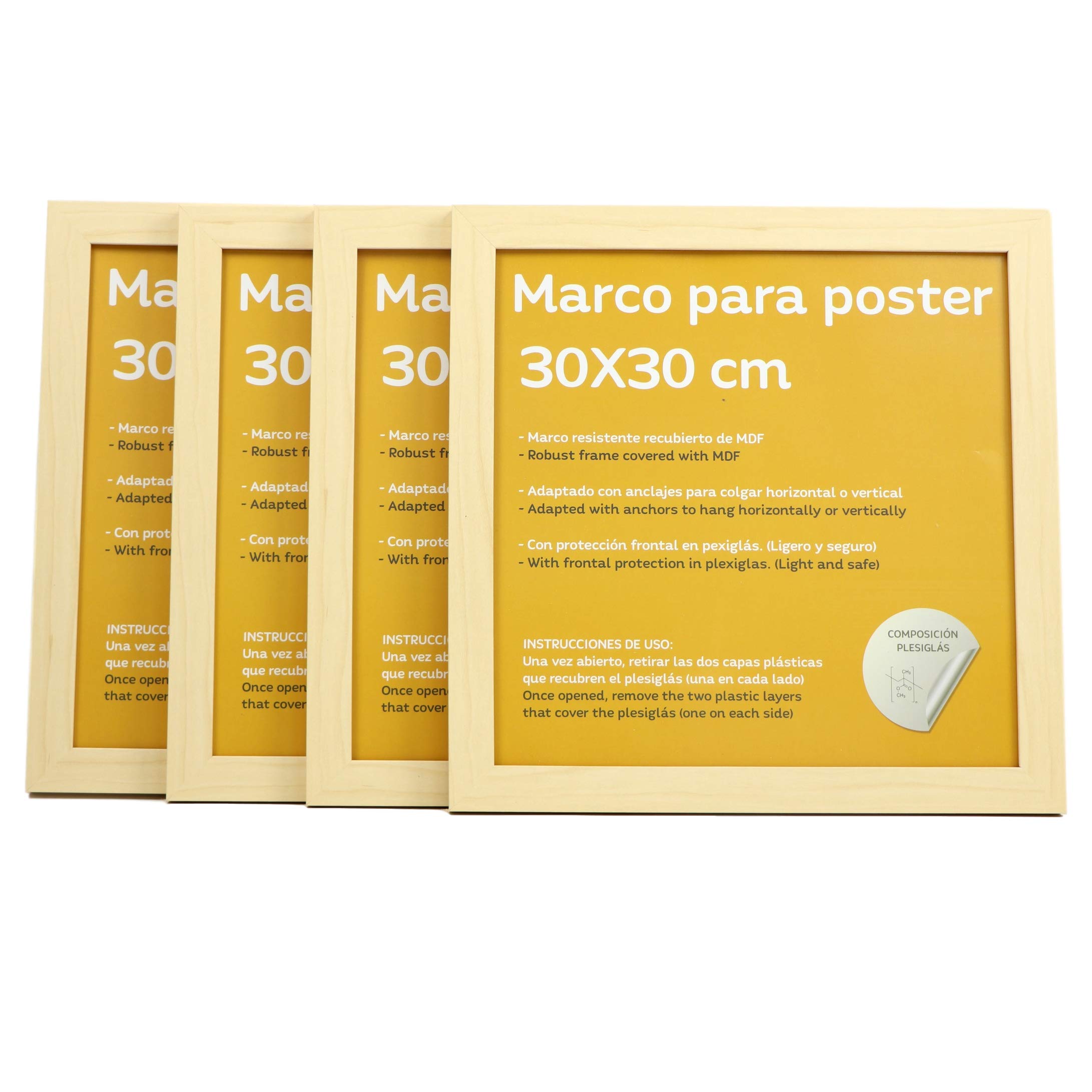 Nacnic - Pack 4 Marcos de Madera MDF Clara y Vidrio Acrílico | Protección y Expositor de Fotografías, Láminas, Pósters, Cuadros y Decoración para Salón, Dormitorio u Oficina | 30x30 cm