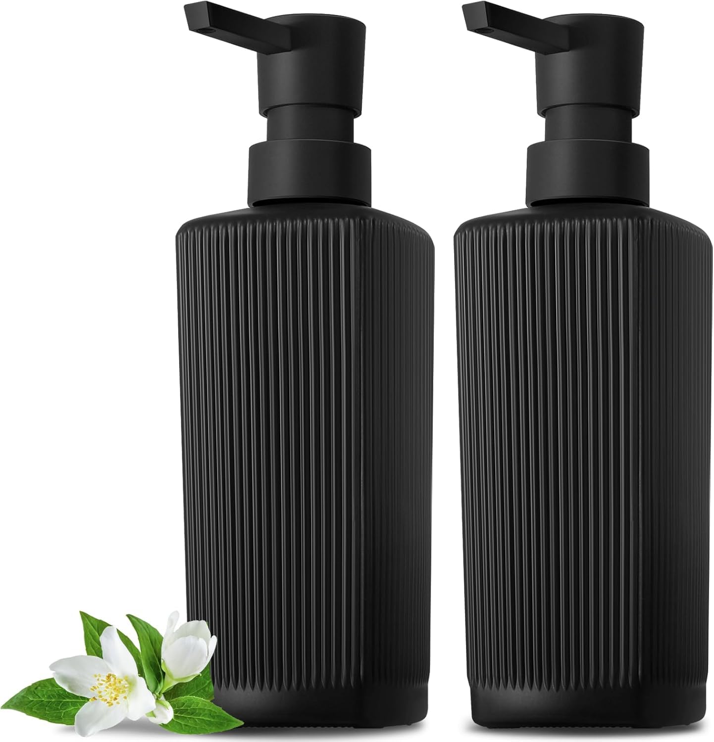 NALACAL Matte Black Glass Soap Dispenser, Ribbed Hand and Dish Soap Dispensers with Pump – Refillable Vertical Stripe Lotion Dispensers for Bathroom and Kitchen Countertops (2-Pack)