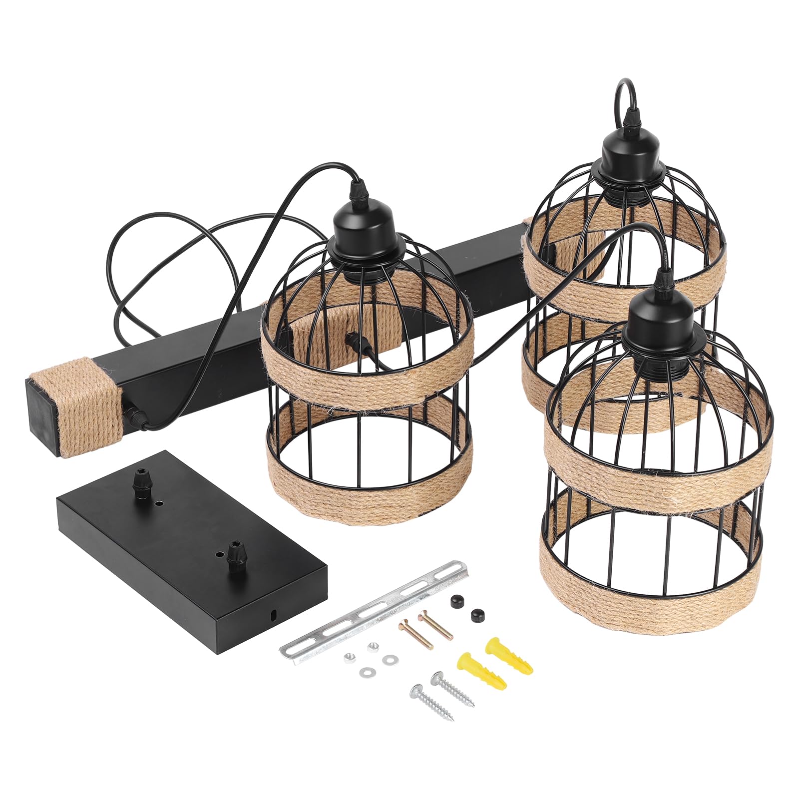 Pendelleuchte Esstisch 3-Flammig Höhenverstellbar,Schwarz Hängelampe Vintage mit Eisenkäfig,E27 Hanfseil Hängeleuchte Esstischlampe Hängend für Küche,Wohnzimmer,Esszimmer,Café