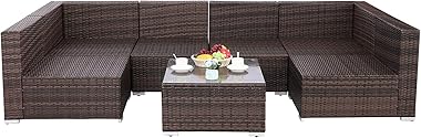 Polar Aurora 7 Pieces Outdoor Patio Sofa Set PE Rattan Wicker Sectional Furniture Outside Couch w/Washable Seat Cushions & Mo