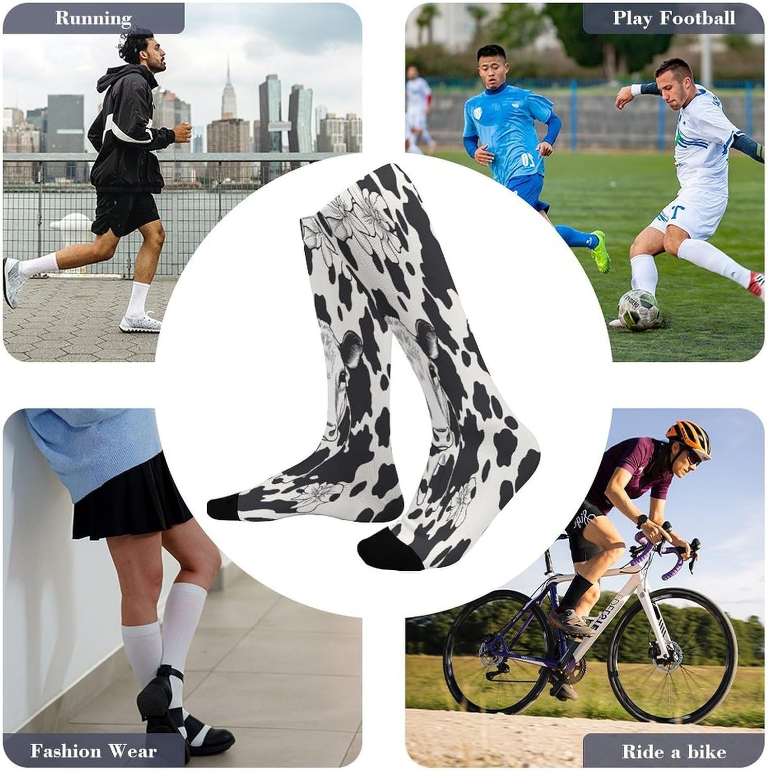 Black And White Cowm Compression Sock Circulation Support Socks Lightweight Knee High Tube Sock Over-The-Calf Sock for Adult