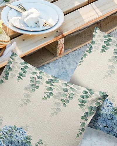 Miniatura 2 de Fundas de almohada impermeables para exteriores, 18 x 18 pulgadas, diseño de flores de hortensia, hojas de eucalipto, fundas de almohada decorativas