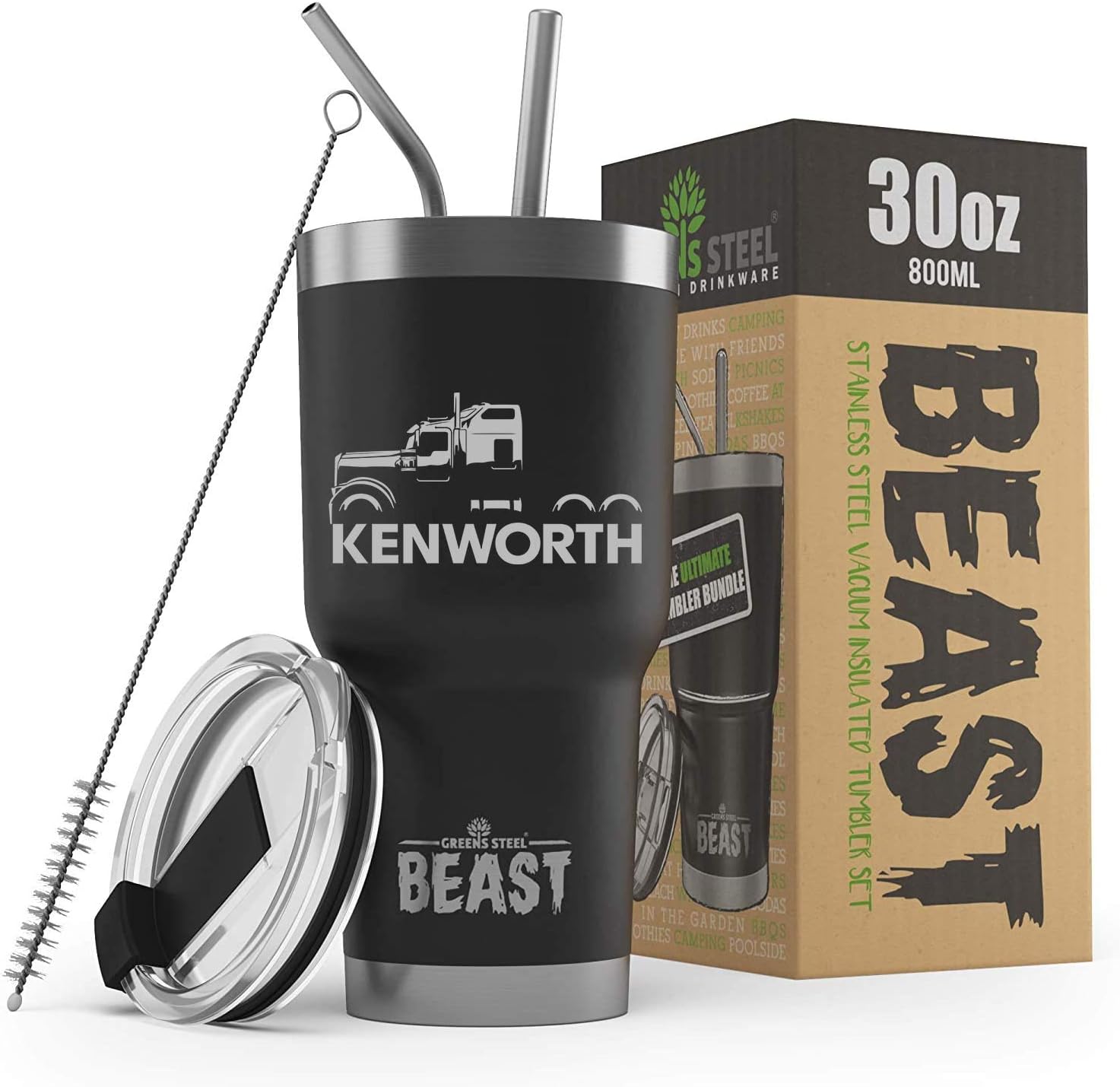 Kenworth W900 Semi Truck Beast 30 oz Stainless Steel Insulated Tumbler w/Lid, 2 Straws, Brush and Gift Box black