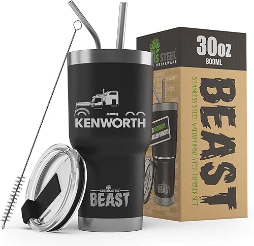 Miniatura 10 de Kenworth W900 Semi Truck Beast - Vaso aislado de acero inoxidable de 20 onzas con tapa, 2 popotes, cepillo y caja de regalo, color granate