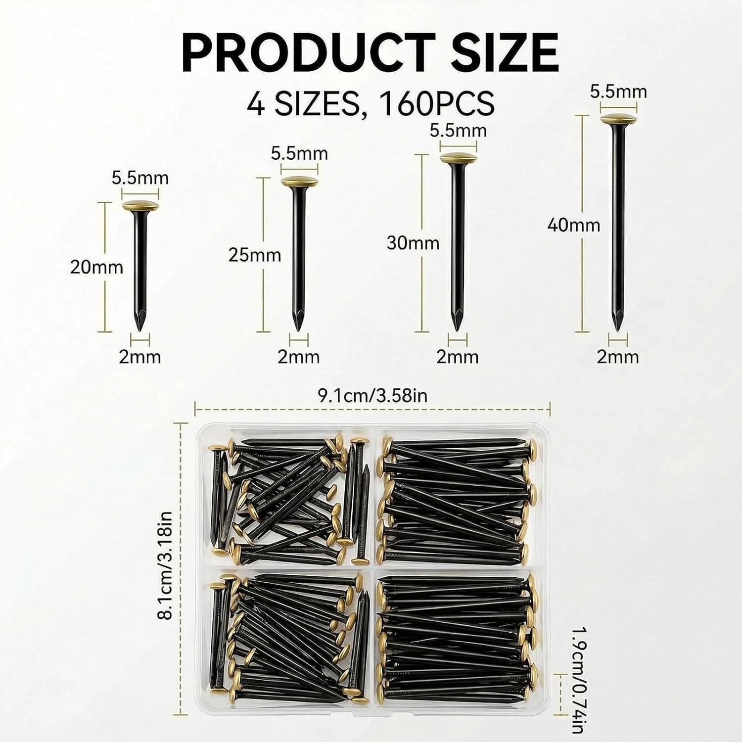 Set of 160 Steel Nails 20/25/30/40 mm, Stainless Steel Nails for Pictures, Nails for Concrete Walls with 4-Compartment Box, Picture Nails, Picture Hanging for Concrete Walls, Brick, Plaster and Wood