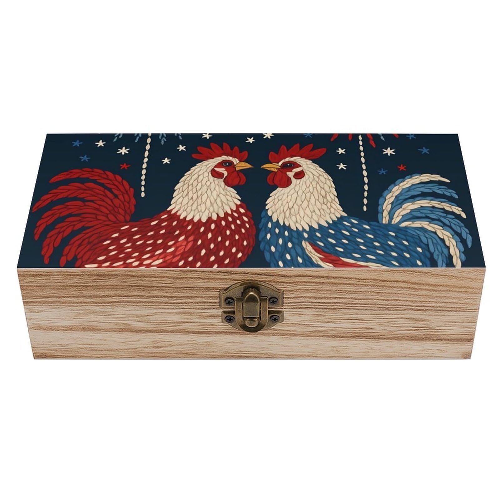 HLBSDM Rustic Red And Blue Roosters & Fireworks Retro Wooden Storage Box Jewelry Art Gift Boxs Decorative Keepsake Boxes
