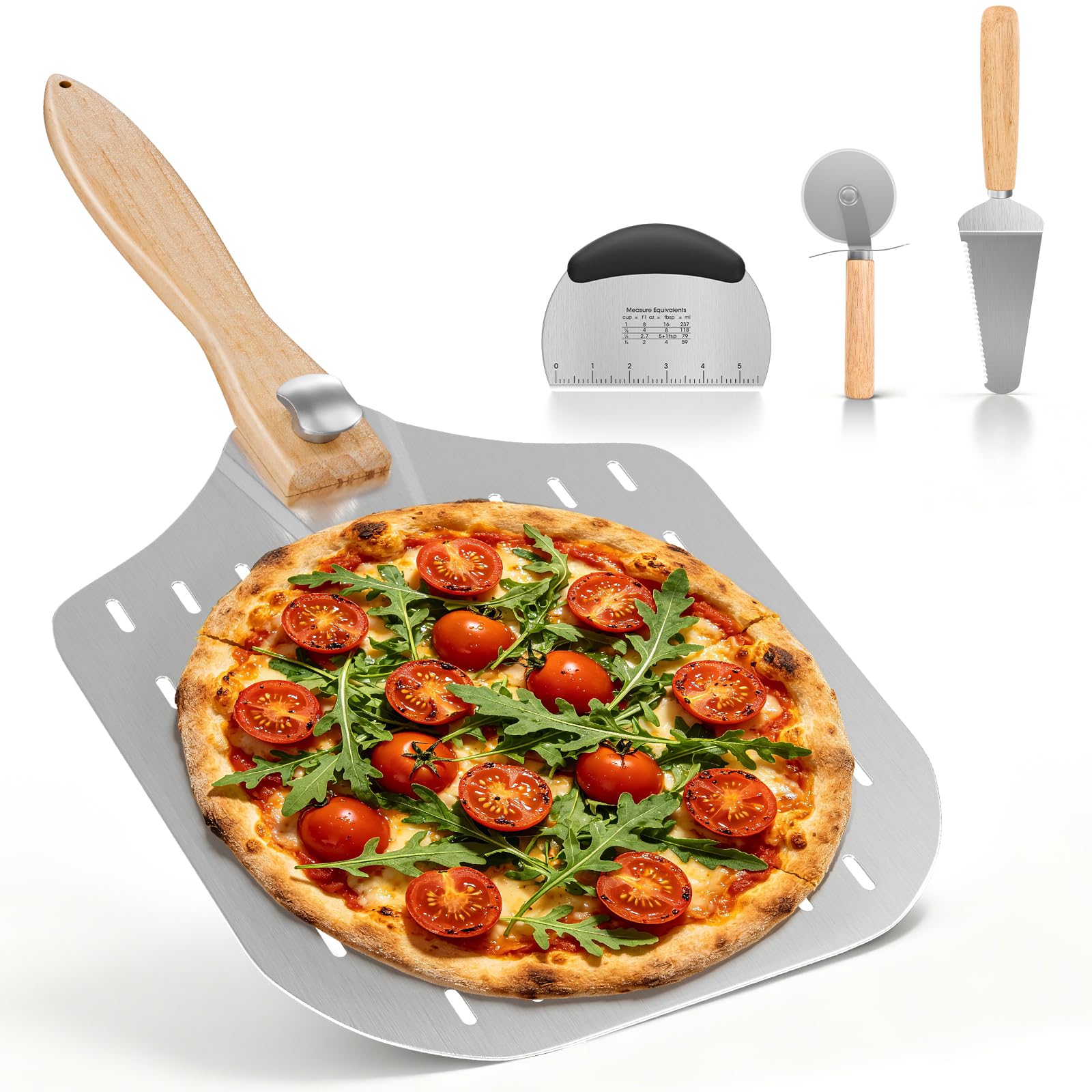 Lot de 4 ustensiles de four à pizza, pelle à pizza de 30,5 cm avec poignée pliable, grattoir à pâte avec échelle de mesure, roue à pizza et pelle à tranche, pour cuire, trancher et servir pour les