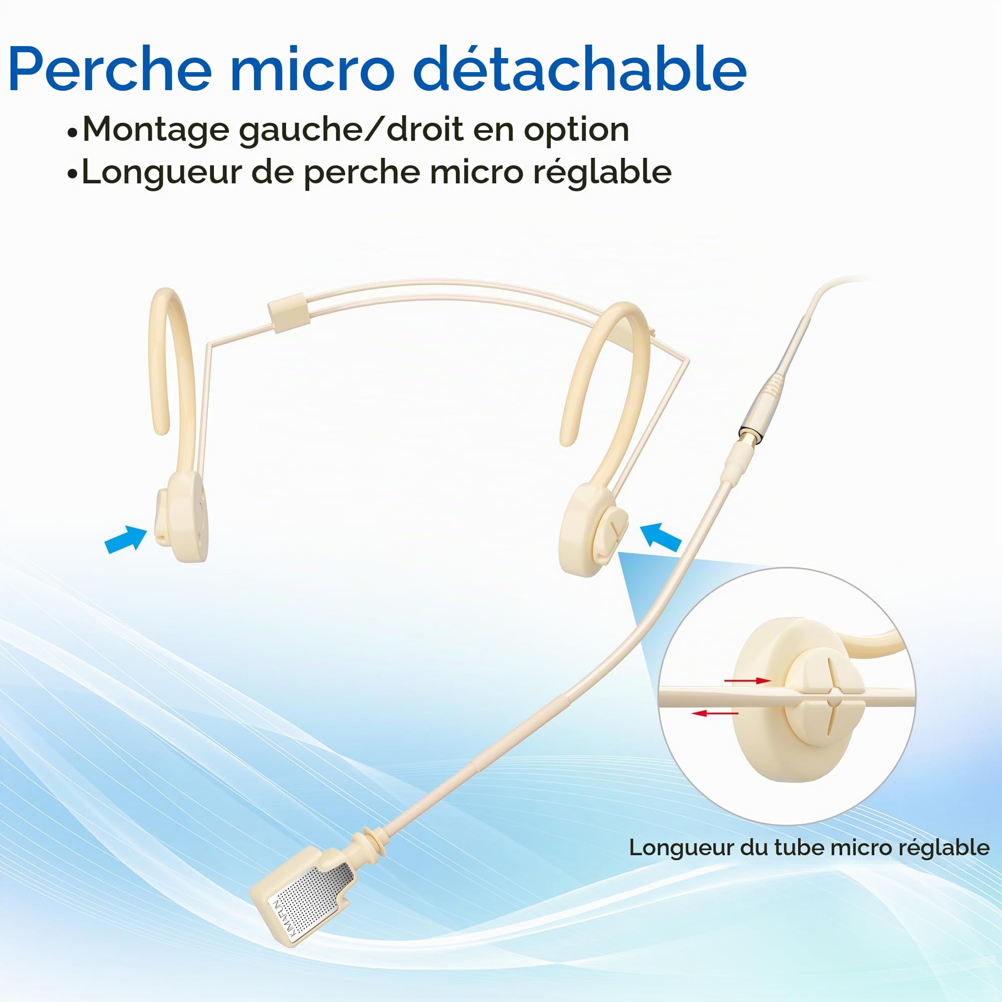KIMAFUN Microphone Serre-Tête Ajustable avec Bandeau, Suspendu sur l'oreille, Léger et Professionnel, Microphone à Condensateur Compatible avec émetteur bodypack sans Fil Shu-re – Beige HC-800-D4