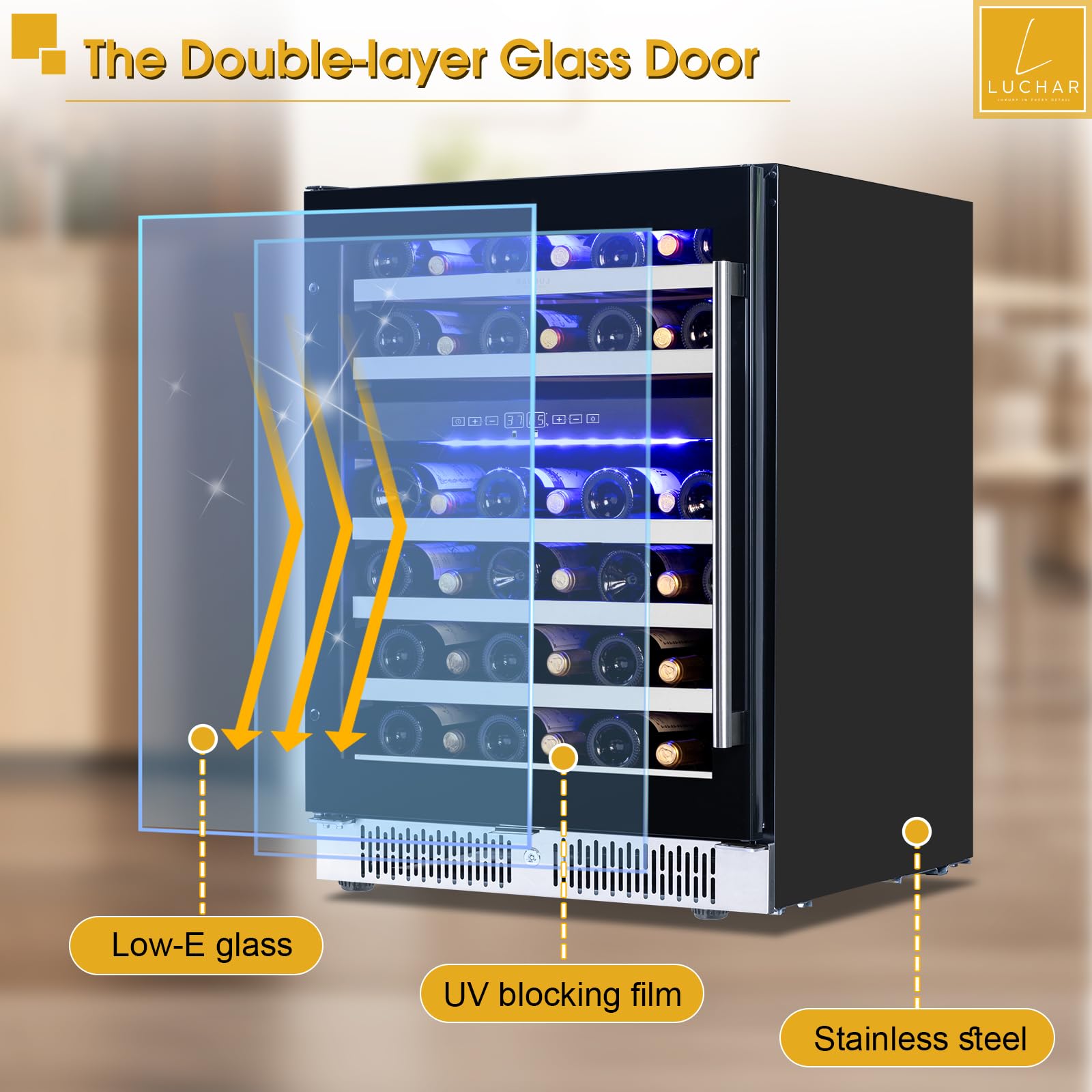 Luchar 24 Inch Wine Cooler Refrigerator, 46 Bottle Dual Zone Built-In Or Freestanding Wine Fridge With Double-Layer Tempered Glass Door, Wine Refrigerator For Home, Kitchen, Bar, Office on Fridge.com - View 4