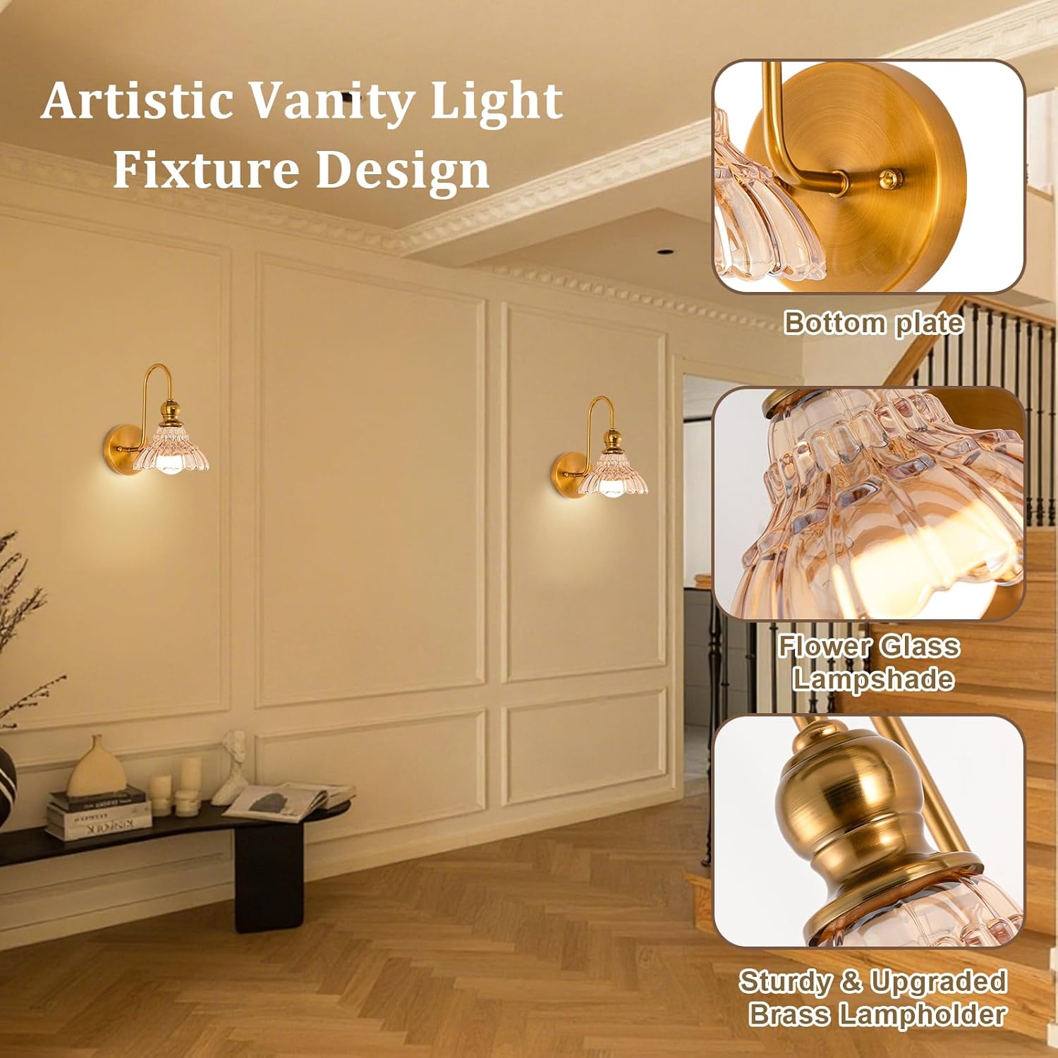 Vintage Battery Operated Wireless Wall Sconces, Rechargeable Battery with Flower Glass Shade Wall Lights,Farmhouse Vanity Lamp with Remote for Dining Room Hallway Living Room, Set of Two (Amber)