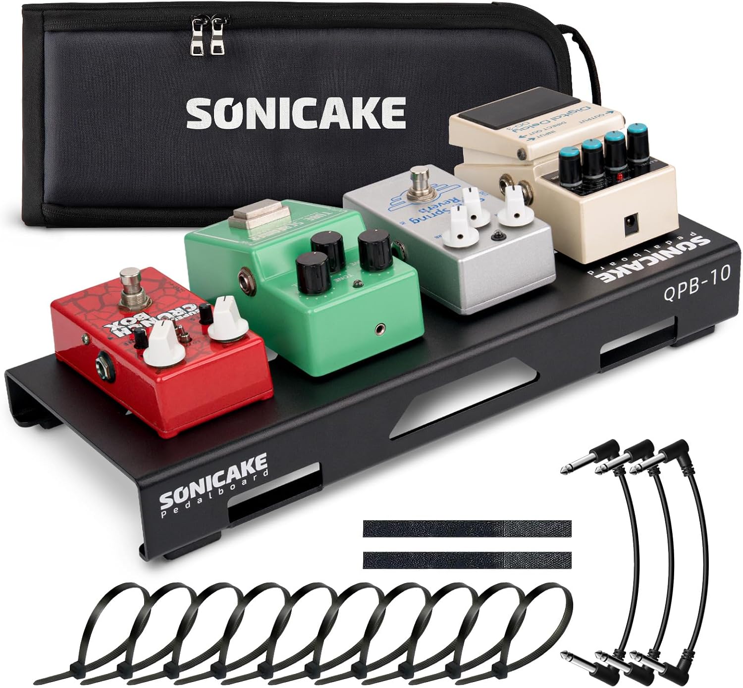 SONICAKE 14" Mini Guitar Pedal Board, Guitar Effects Compact Aluminum Alloy Small Pedalboard 14.2"x 5.7" with Carry Bag, Included Pedals Mountain Tape, Cable Tie & Patch Cables (S Pedal with Bag)