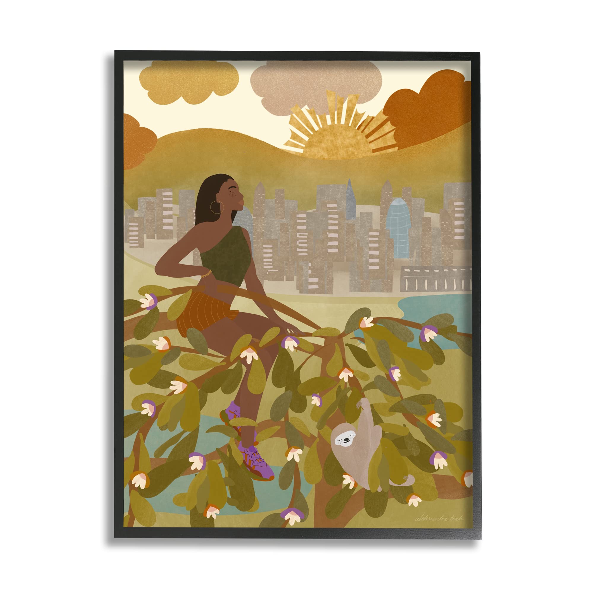 Stupell Industries Woman Sitting in Tree Sloth Animal City Buildings Black Framed Wall Art, 24 x 30, Green