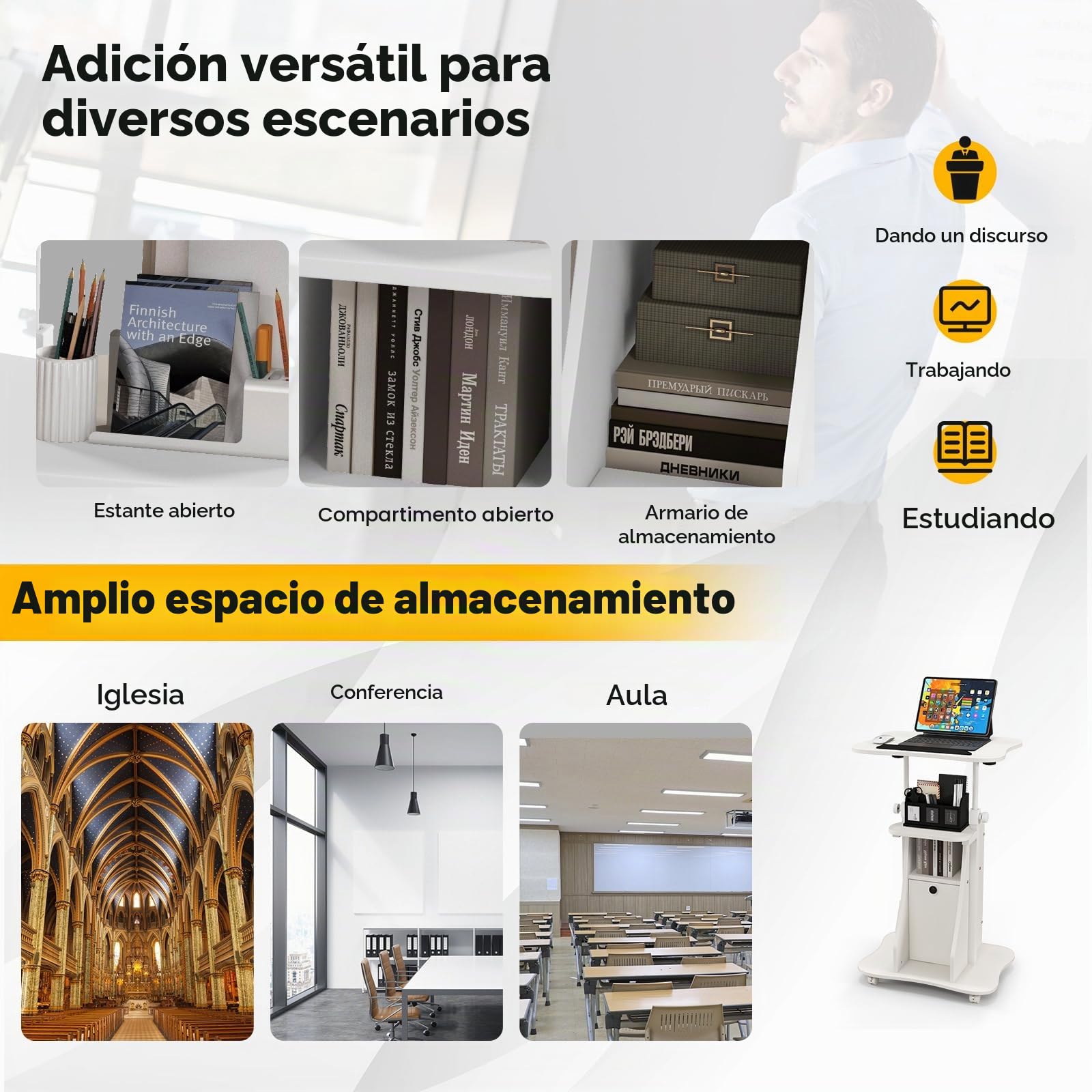 LIFEZEAL Podium para Conferencia, 2 Pisos Reclinable con Altura Ajustable, Mesa de Presentaciones con 4 Ruedas y Frenos, 2 Compartimentos, Escritorio para Oficina y Discurso Público, 55x40x68-114 cm