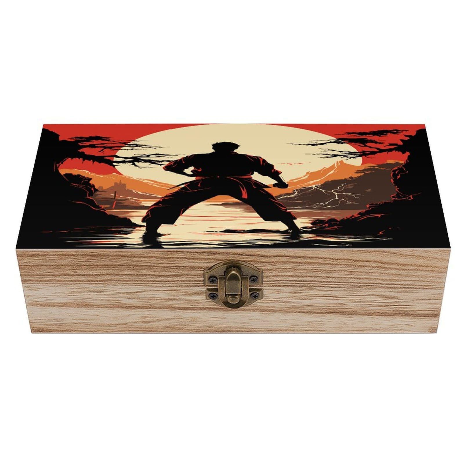 FekiLoot Karate Men Wooden Storage Box Rustic Jewelry Box with Hinged Lid Large Jewelry Storage Case Beautifully Keepsake Boxes Unique Gift Ideas for Men & Women