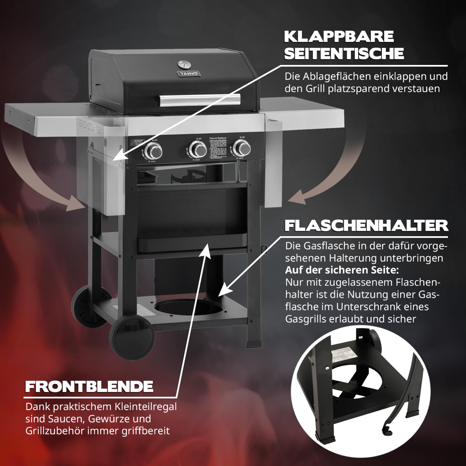 TAINO WABAYA 3+0 Gasgrill Grillwagen 3 Brenner Keramik Sear-Burner Piezo-Zündung Thermometer Warmhalterost Schwarz Matt