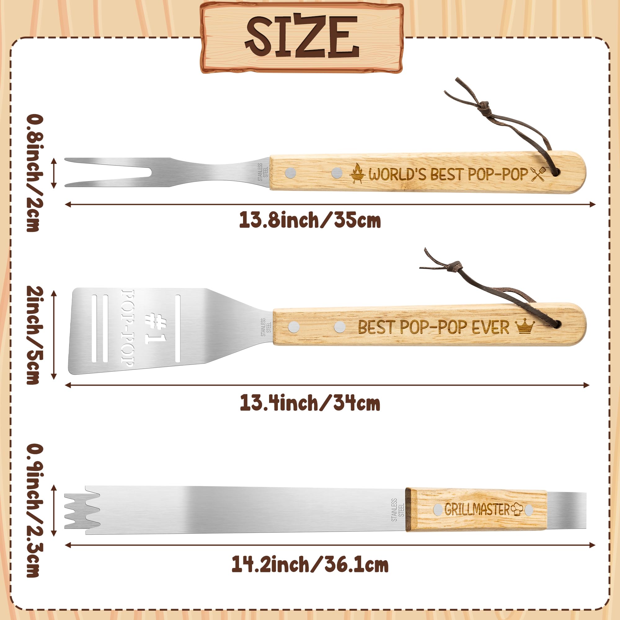 Haooryx Grandpa BBQ Grill Tool Accessory Set - 3Pcs Best Pop-Pop Ever Stainless Steel Grilling Tong Fork Spatula Grillmaster Grandpa Birthday Present Outdoor Housewarming Camping Holiday Party Supply