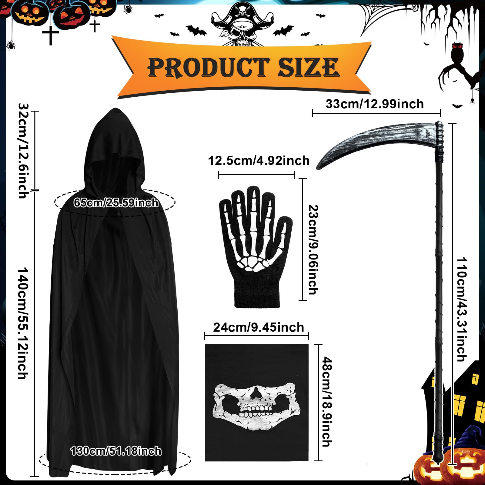 COSBERY Grim Reaper Costume Kids Adult, Boys Mens Halloween Costume Black Cloak with Hood Scythe Skeleton Mask Gloves - Image 4