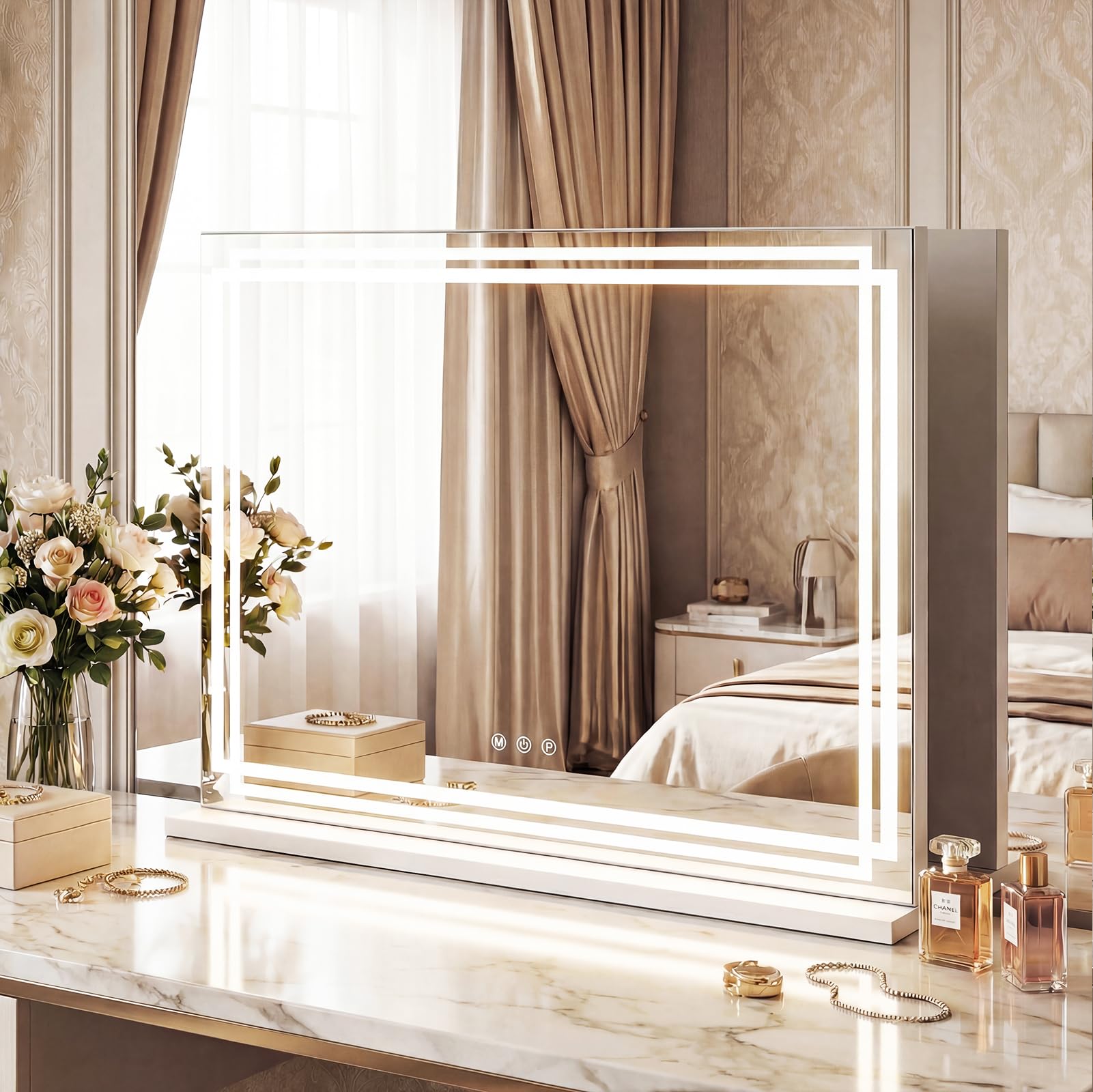 COSTWAY Hollywood Vanity Mirror with Lights, 3-Color Dimmable LED Lighted Tabletop Makeup Mirror with Smart Touch Control & Memory Function, Cosmetic Dressing Table Mirror for Bedroom (80 x 62cm)