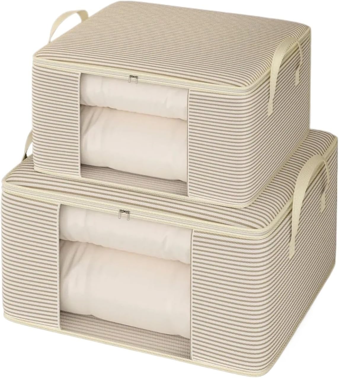 3PCS Large Capacity Stripe Zipper Style Storage Bag Moving Box Quilt Packing Cotton Clothes Home Storage Organizer Non Woven Fabric(Beige 60x 40x 30)