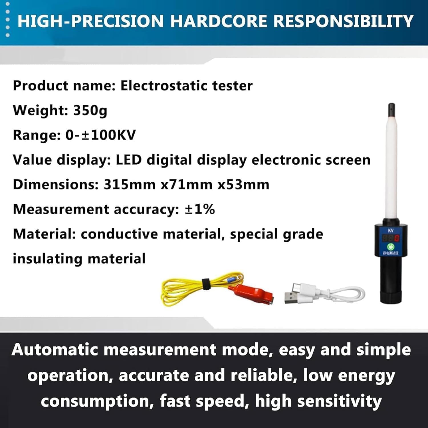 FAXIOAWA Probador electrostático 0 ~ ± 100kV, sonda Digital de Alto Voltaje, medidor estático de Alta precisión con Pantalla led, medición automática para Sistemas de Recubrimiento de Polvo