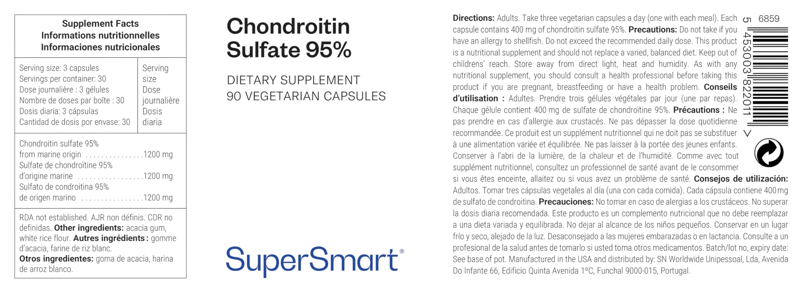 Condroitin solfato 95% - Aiuta ad alleviare i dolori articolari - Cura le articolazioni, le ossa e i muscoli - Purezza eccezionale (95%) - Senza OGM - SuperSmart