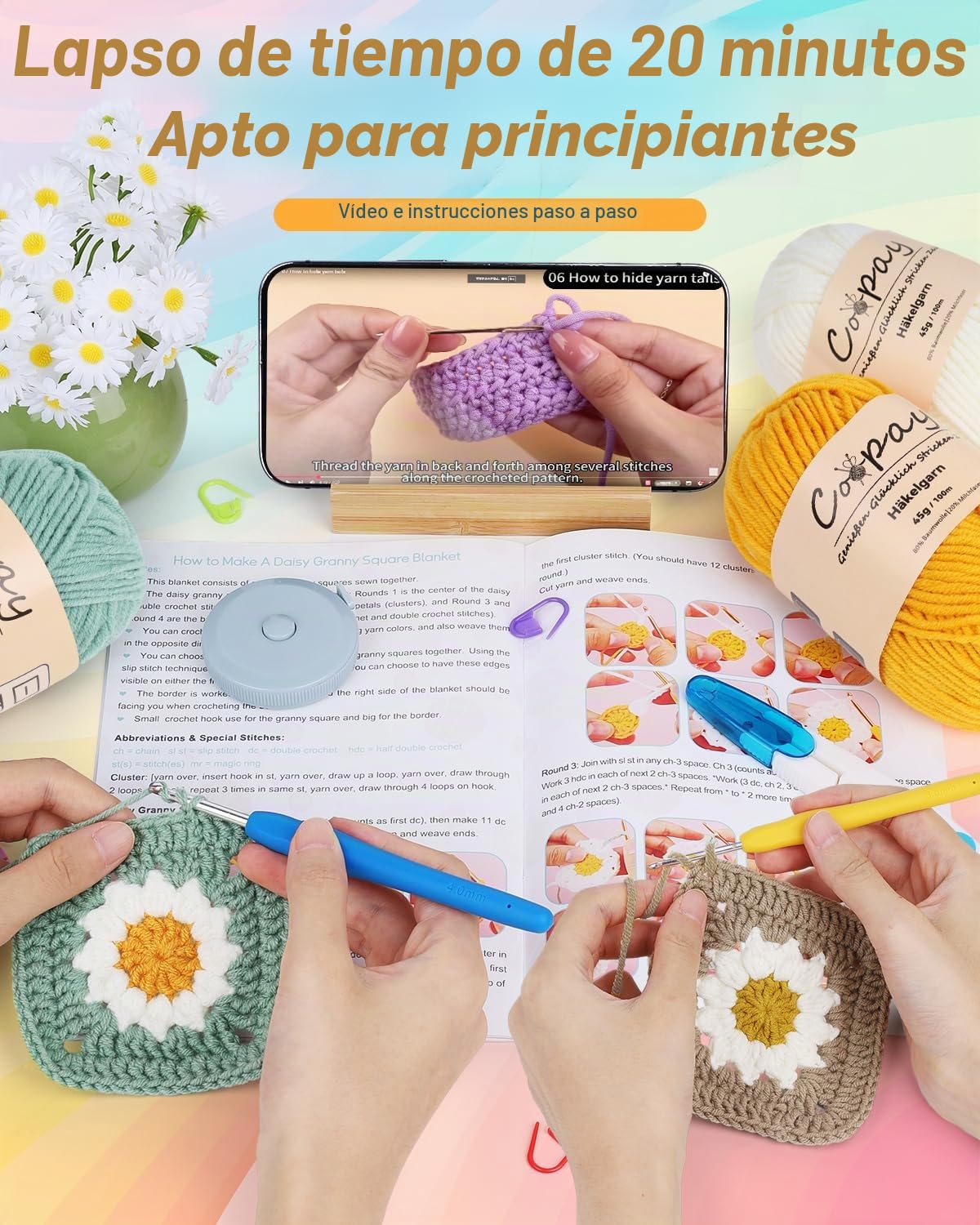 Coopay Juego de ganchillo Granny Square para principiantes, juego de ganchillo para manta de margaritas, juego de ganchillo completo con aguja de ganchillo, hilo de ganchillo, juego de ganchillo con