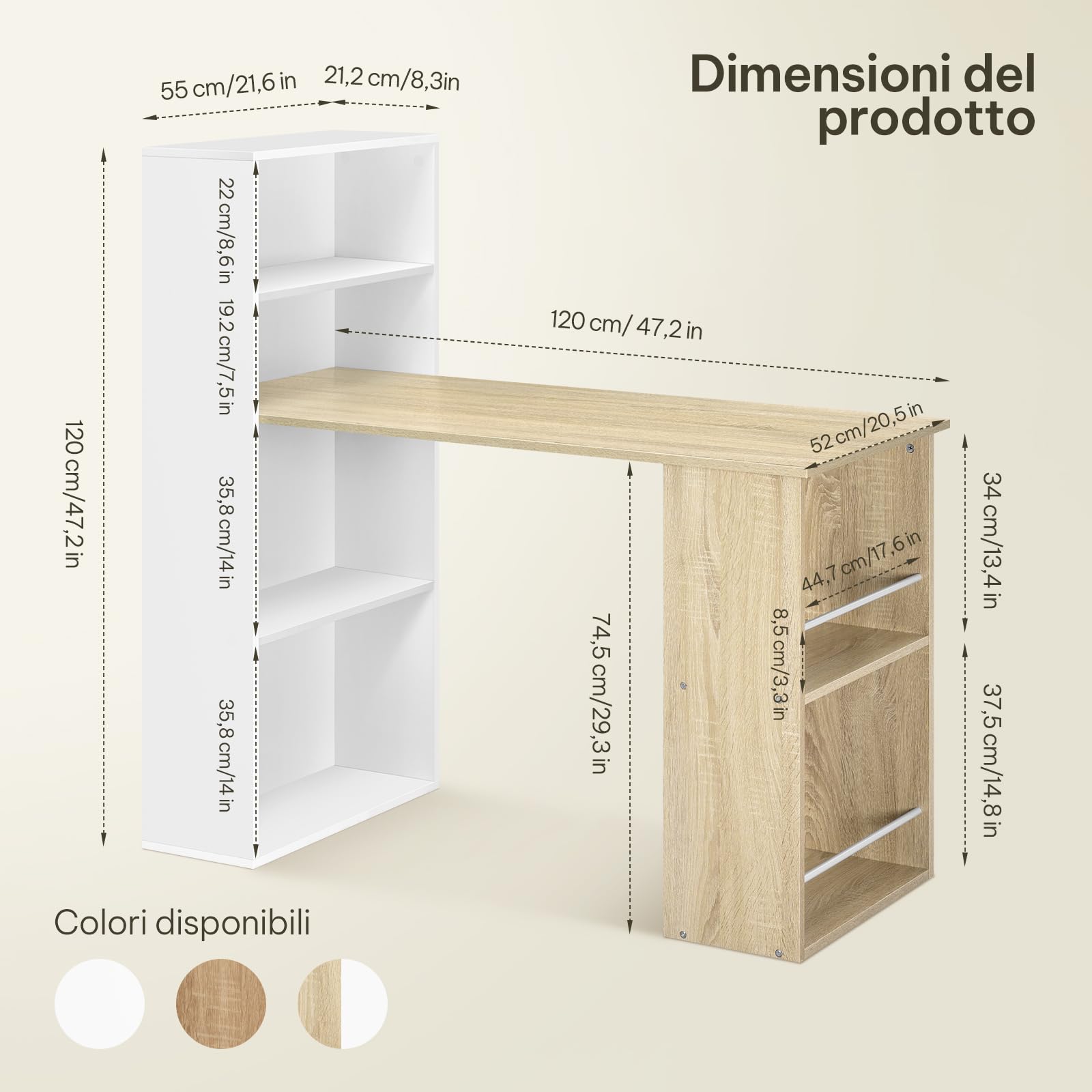 eSituro Scrivania Ufficio Compatta con Libreria Integrata - Design Salvaspazio per Studio/Camera, 120x55x122 cm, Bianco Lucido e Rovere Naturale