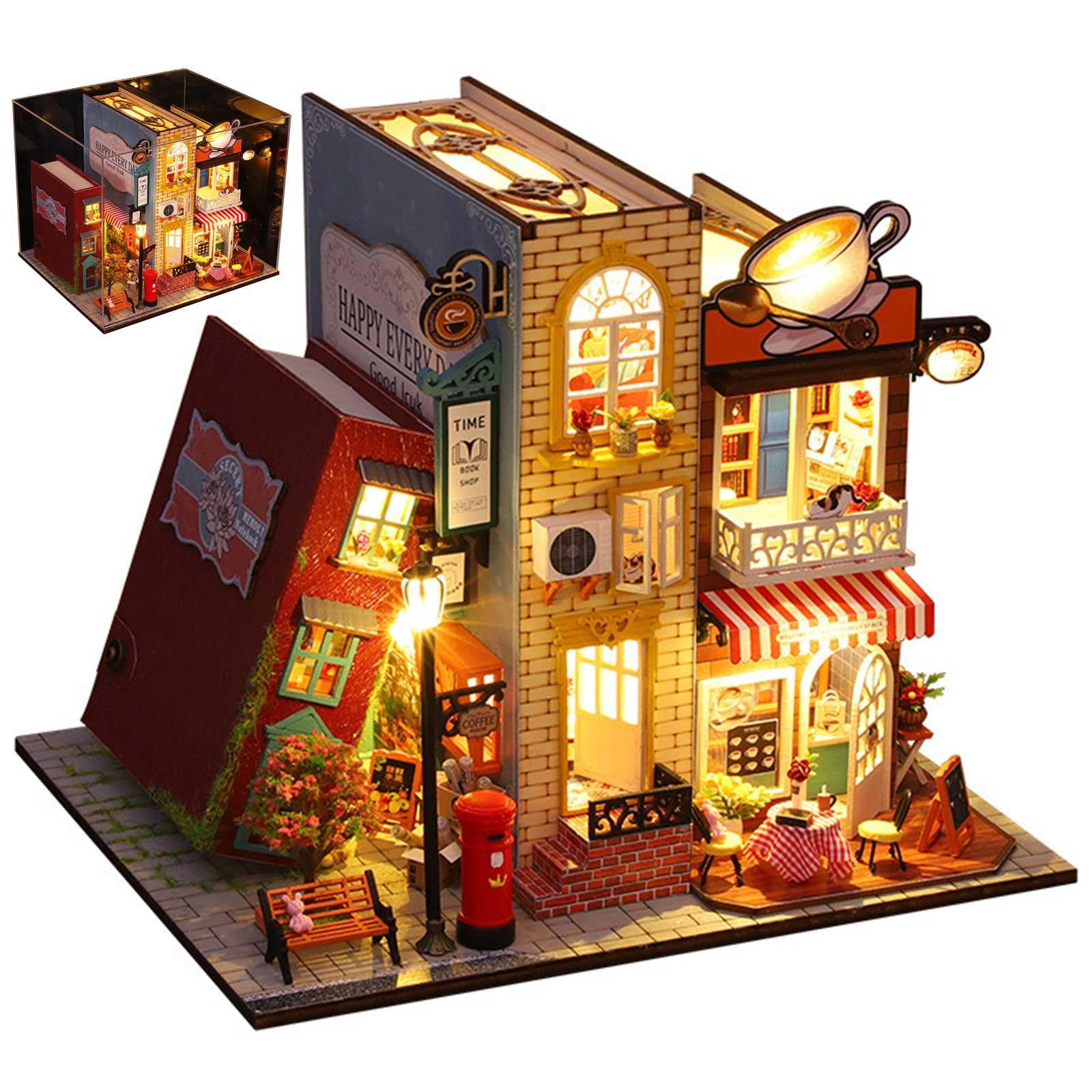 Model edukacyjny Miniaturowa biblioteka Zestaw do samodzielnego składania książek dla dorosłych, Drewniane puzzle 3D Bookend, Zestaw do budowania modeli domów z książkami Wstaw dekoracje ze światłem,