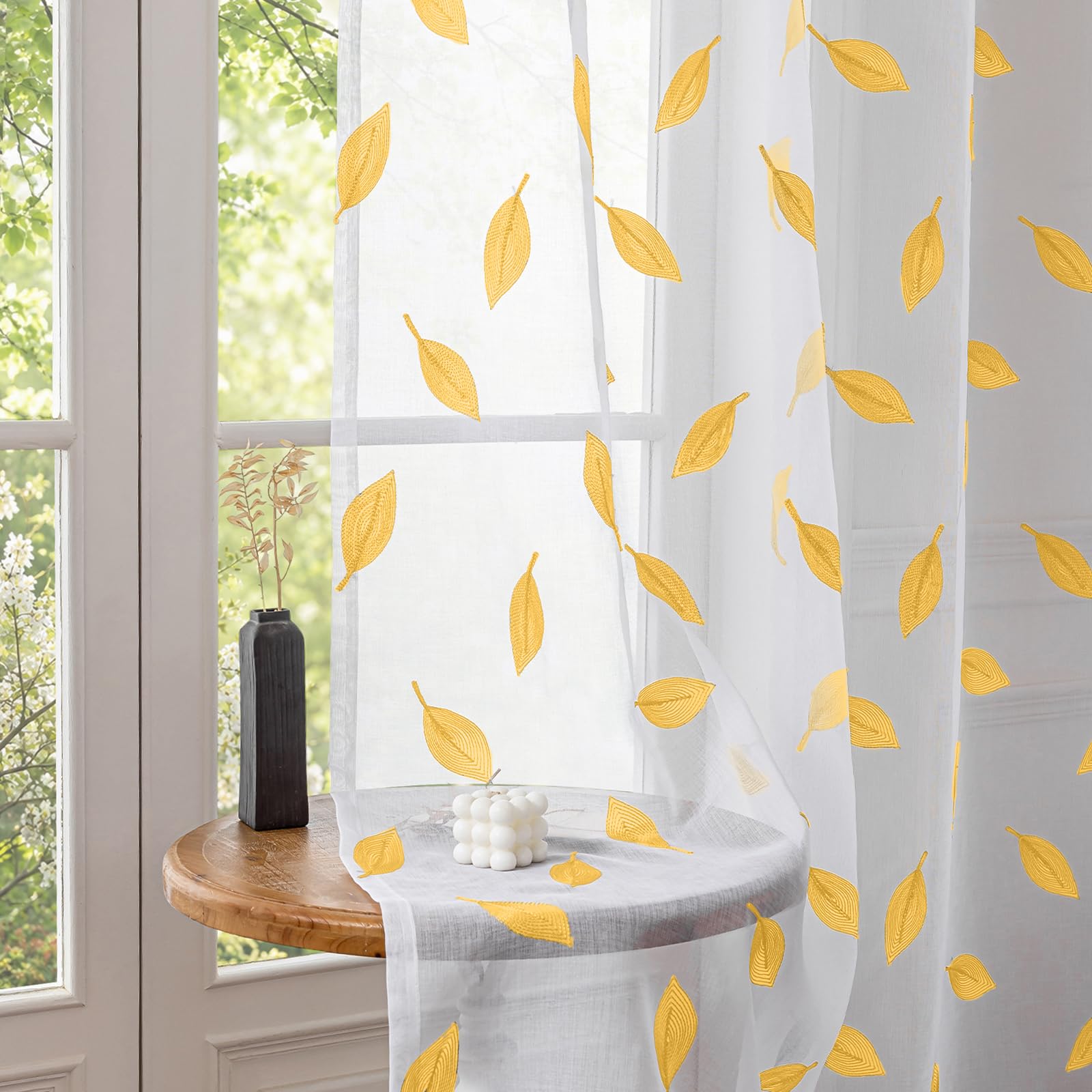 CYCMACO 2er Set Sheer Voile Vorhänge Mit Ösen, 140x225cm (B X H), Transparent Vorhang Voile Mit Ösen, Modern Blätter Stickerei Gardinen, Rfür Wohnzimmer Schlafzimmer Kinderzimmer, Gelb