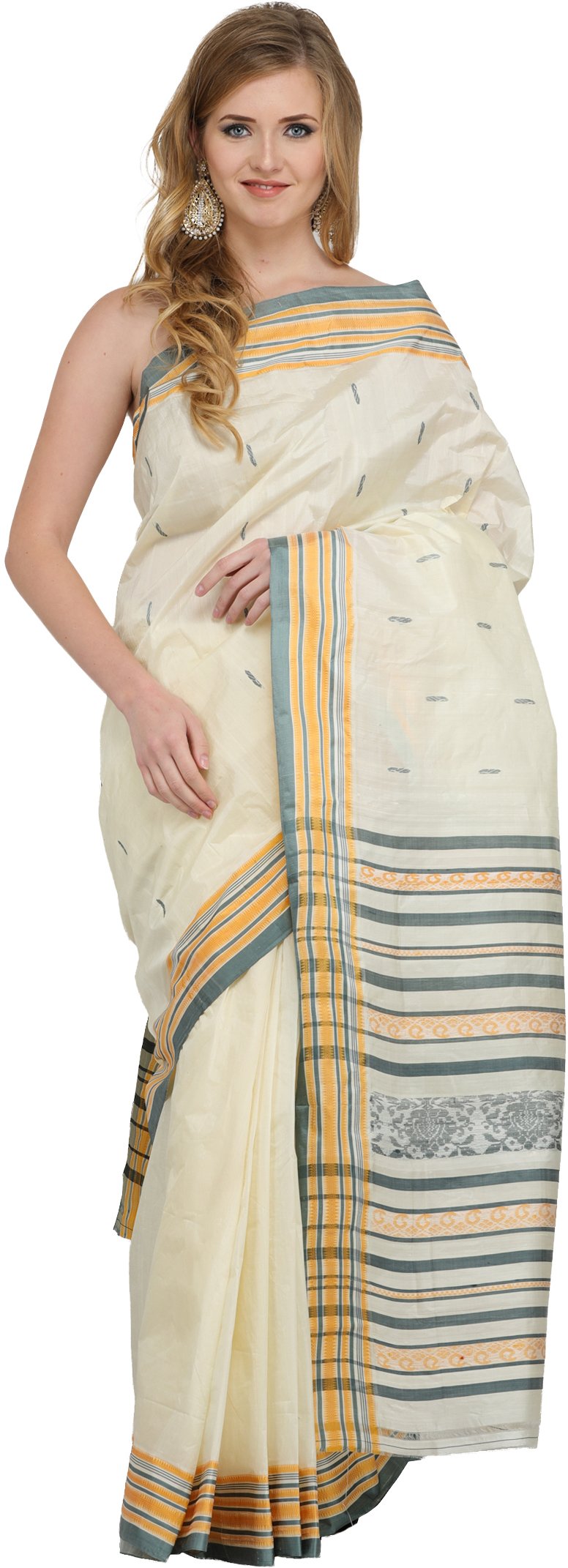 Exotic India Ivory and Deep-Sea Garad Sari from Bengal with Woven Paisle - Cream