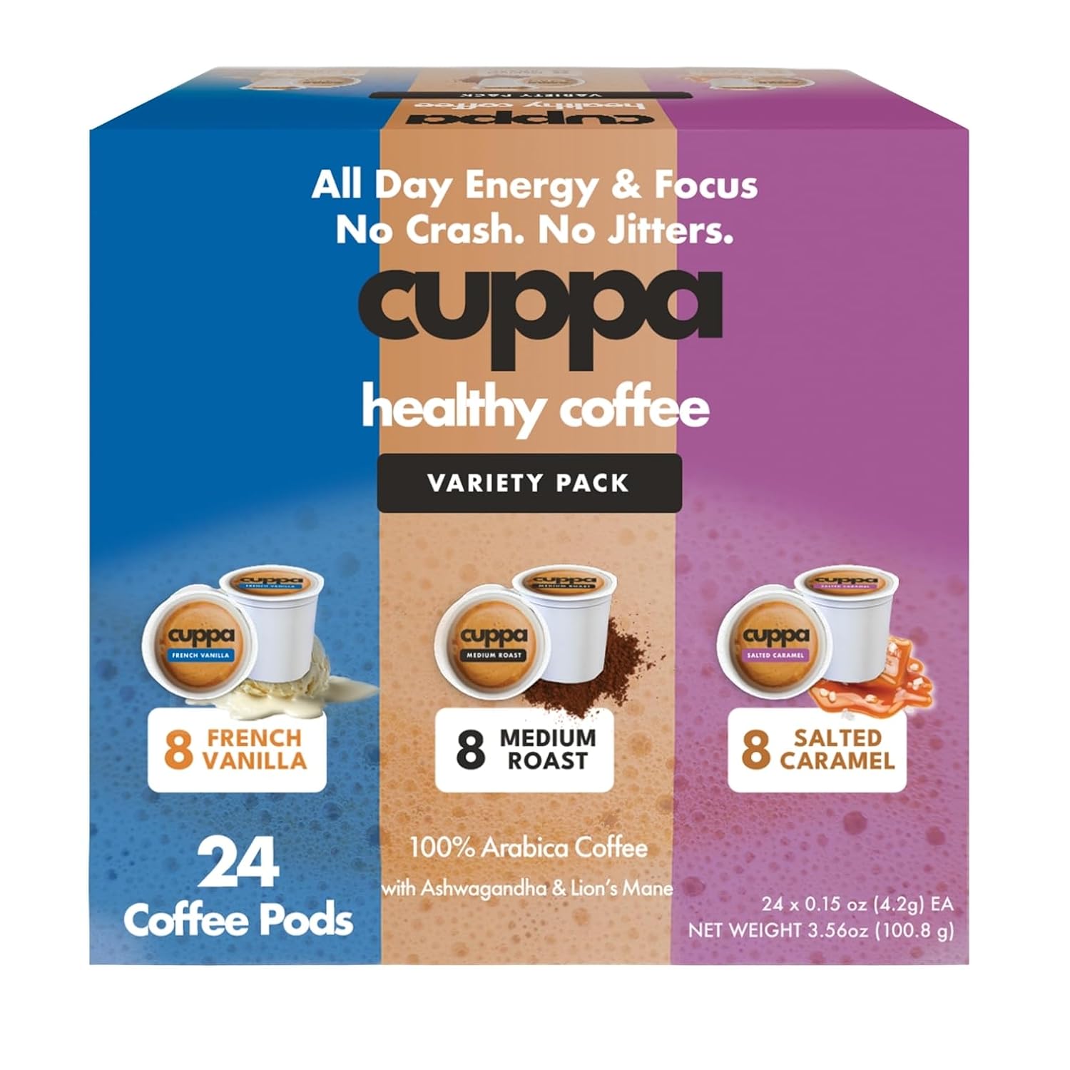 Cuppa Mushroom Coffee with Adaptogens & Superfoods - Lion’s Mane, Ashwagandha & Cordyceps + MCT to support natural energy, mental focus & gut health (24 Servings Variety Pods)