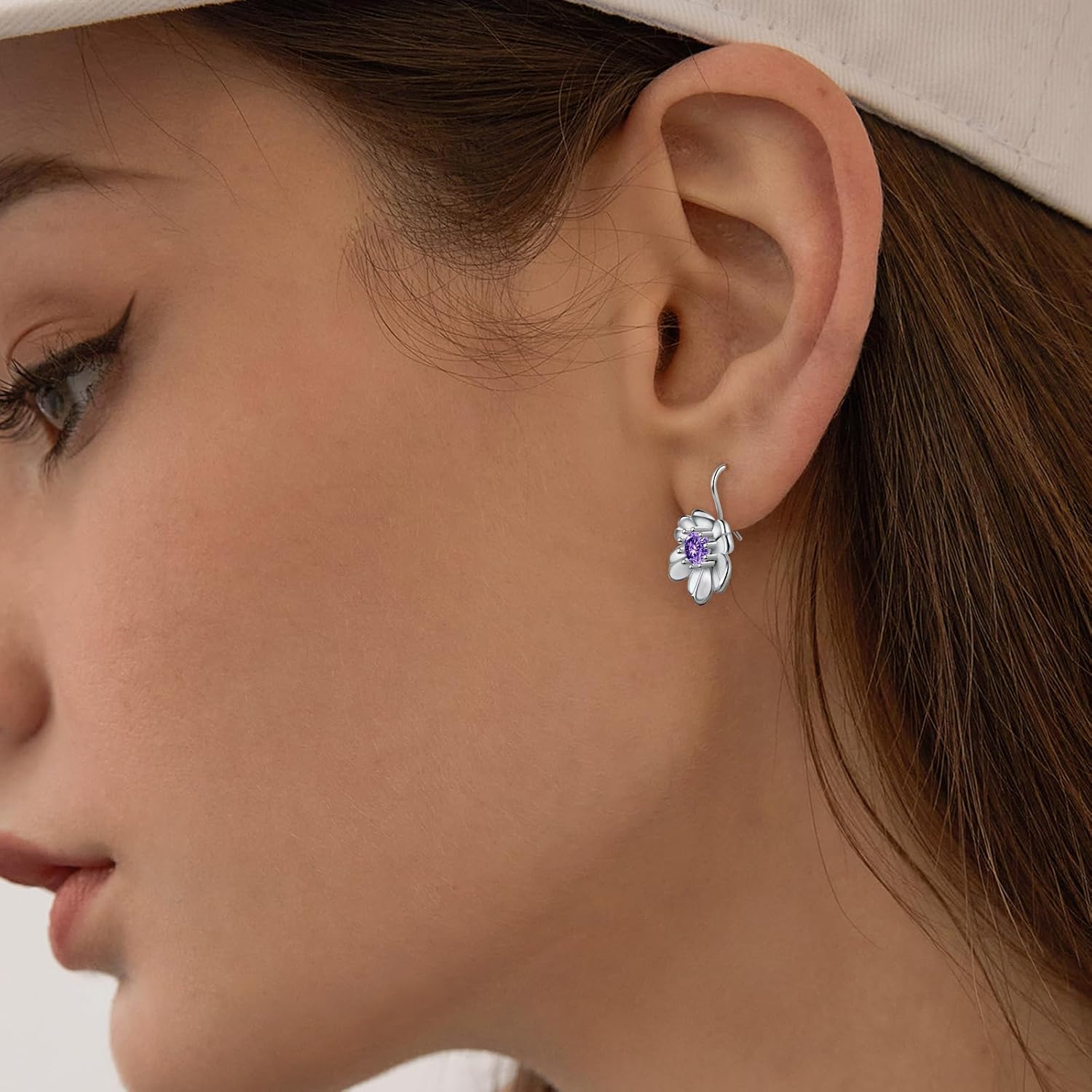 Sterling Silver Flower Earrings - Purple Cubic Zirconia Drop Dangle Earrings Hypoallergenic Lightweight Sparkle CZ Floral Dangling Earring Dainty Gifts for Mom Wife - Image 5