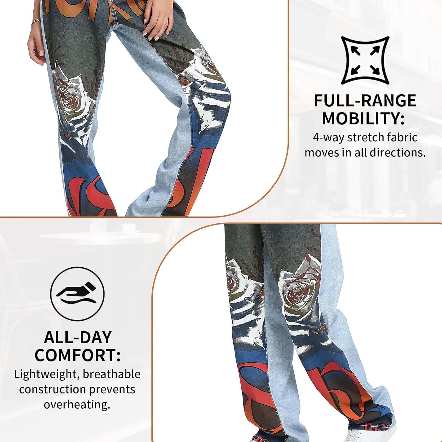 Womens Y2k Rose Print Wide Leg Jeans Loose Fit Hip Hop Baggy Trousers Vintage Pants - Image 6