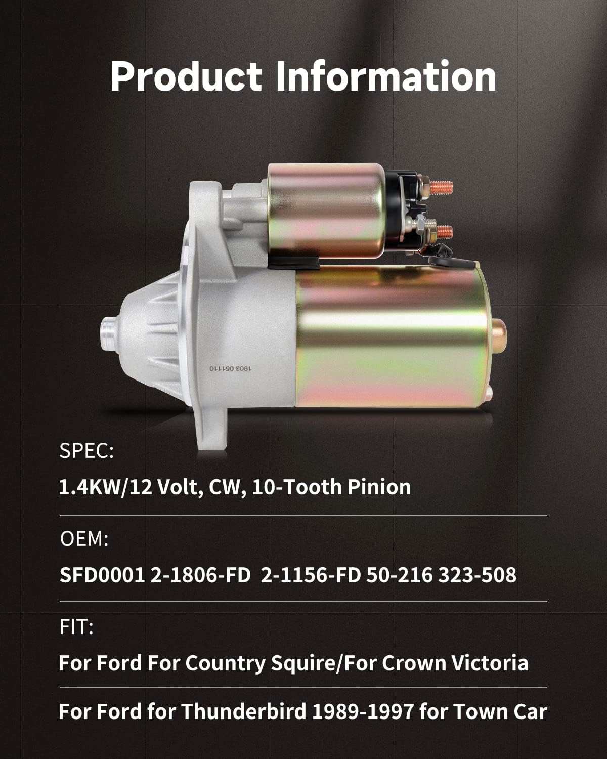 OCPTY Starter Fit for Ford Bronco 1992 1993 1994 1995 1996 5.0L 5.8L Country Squire/Crown Victoria 1990 1991 5.0L E-Series Vans 1992-1996 4.9L 5.0L 5.8L F-Series Pickups 1997 1998 4.2L Mustang