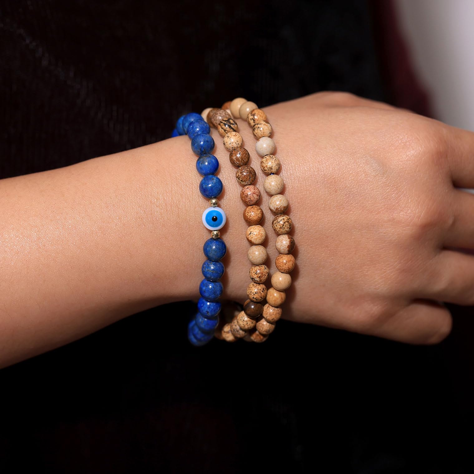 XHUUU Wrap Picture Jasper/Lapis Lazuli Beaded Bracelets for Women and Men Stretch Evil Eye Bracelets Good Luck Protection Jewelry Unisex - Image 2