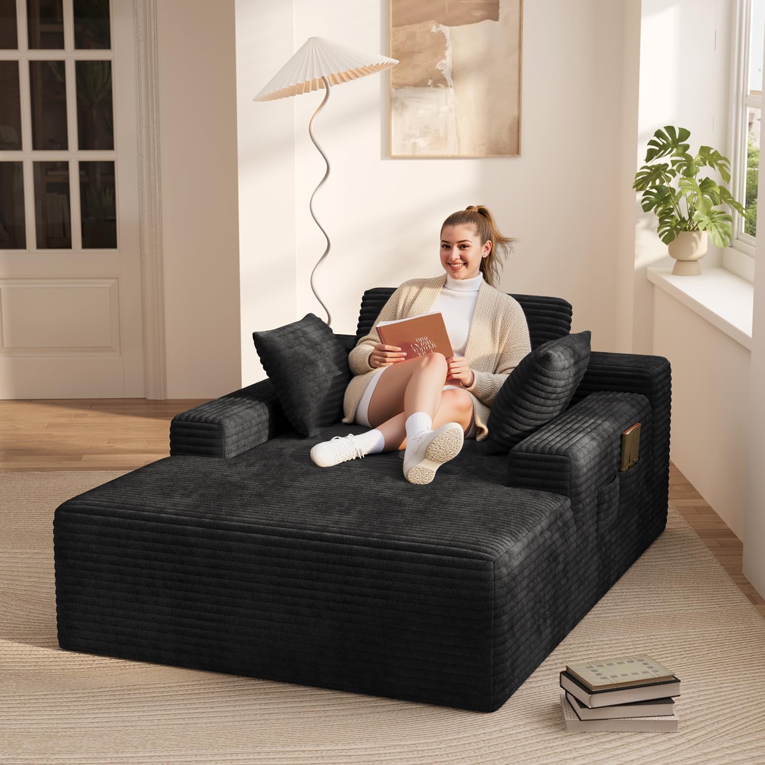 Ahomly 67" Oversized Boneless Lounge Chair, Chaise Lounge Chair Indoor with 3 Pillows, Corduroy Upholstered Sofa Bed, Cloud Sofas Couches, Reading Chair for Living Room, Bedroom, No Assembly(Black)