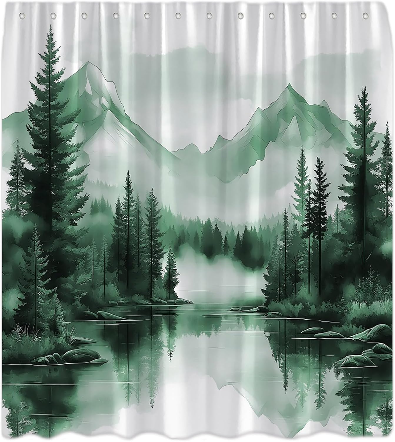 Deep Green Misty Forest Shower Curtain Mountain Foggy Pine Trees Landscape Watercolor Jungle Plant Rustic Nature Scenery Lake Fabric Bathroom Curtain Set with Hook