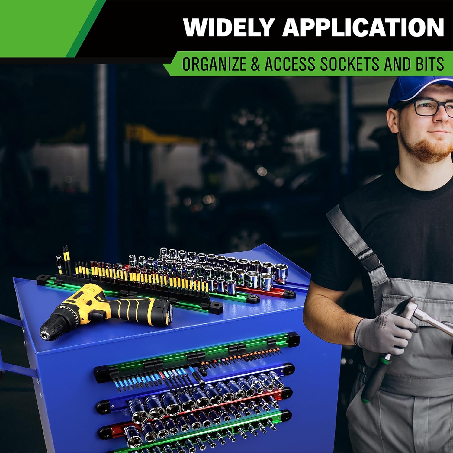 8-Piece Magnetic Socket & Bit Organizer Kit, 1/4'' 3/8'' 1/2'' Heavy Duty Socket Holder Holds 80 Clips, Aluminum Sockets Rail for Tool Box Drawer, 1/4'' Slidable Drill Bit Organizer Holds 80 Bits