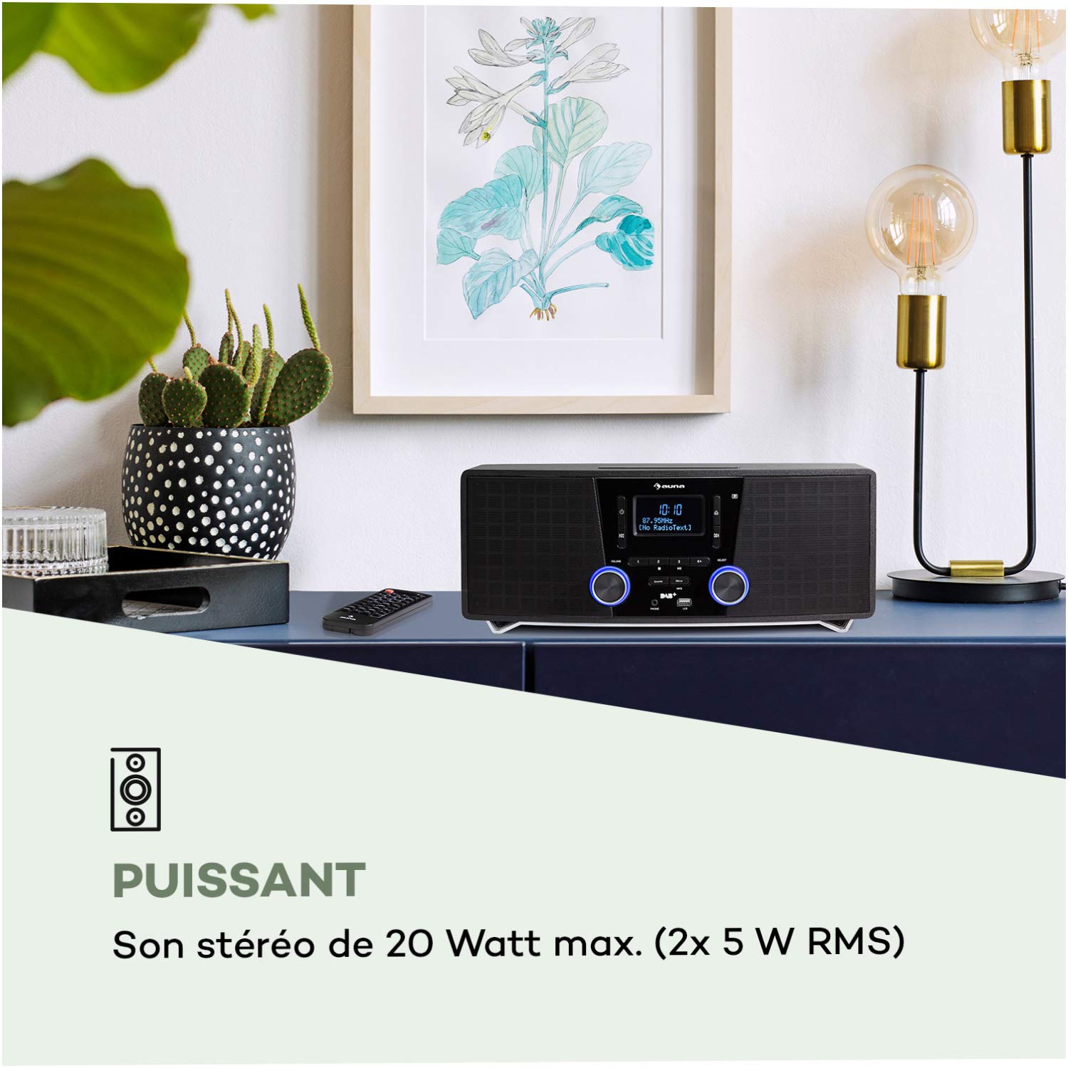 auna Stockton Micro chaîne stéréo - 20W Max. (2X 5W RMS), Dab+, Tuner Radio FM, Fonction RDS, Lecteur CD, Bluetooth, Port USB, AUX-in, écran OLED, X-Bass, EQ, minuterie, Fonction réveil, Noir