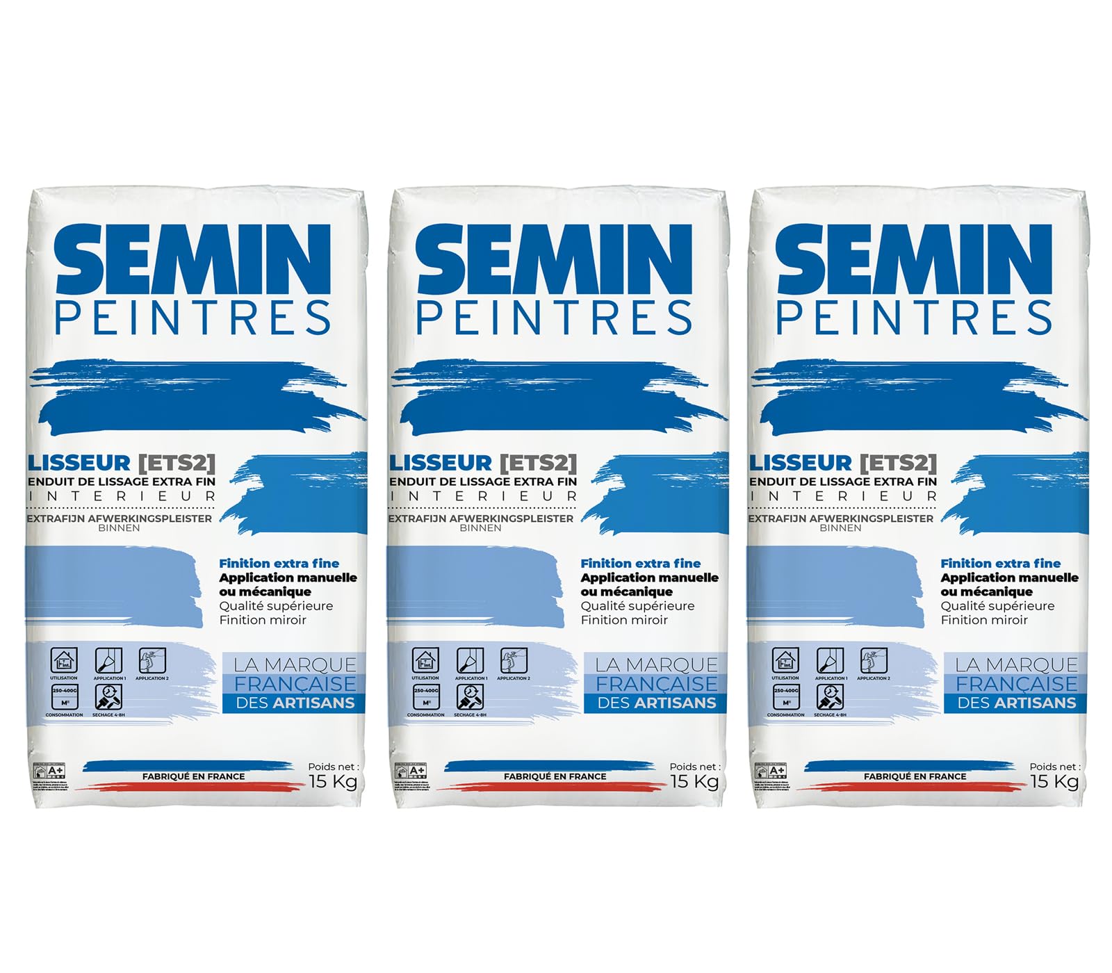 Enduit de Lissage Semin Lisseur ETS2, Intérieur, Poudre, sac de 15 kg, Lot de 3