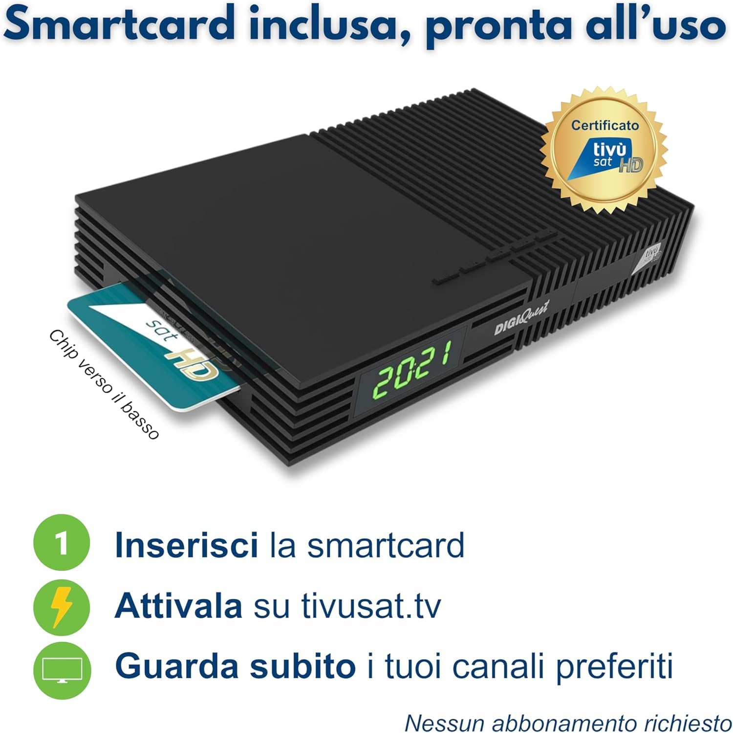 DIGIQUEST Décodeur Tivùsat Ti9, DVB-S2 | VOITURE INSTALLANTE | Double télécommande 2 en 1 dont une avec grandes touches | Carte intelligente Tivùsat incluse | HDR |Fonction d'enregistrement activable