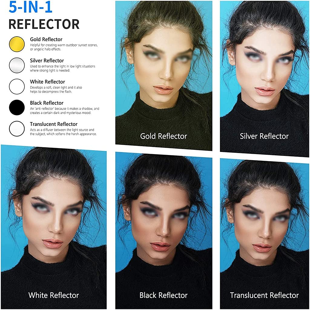Réflecteur 5 En 1 60cm Rond Avec Sac De Transport - Or, Argent, Blanc, Noir, Translucide Pour Photo Studio Et Extérieur