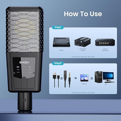 Miniatura 8 de BASN BMS2 Micrófono de condensador cardioide, micrófono de grabación XLR de estudio de diafragma grande para podcasting, canto, transmisión (negro)