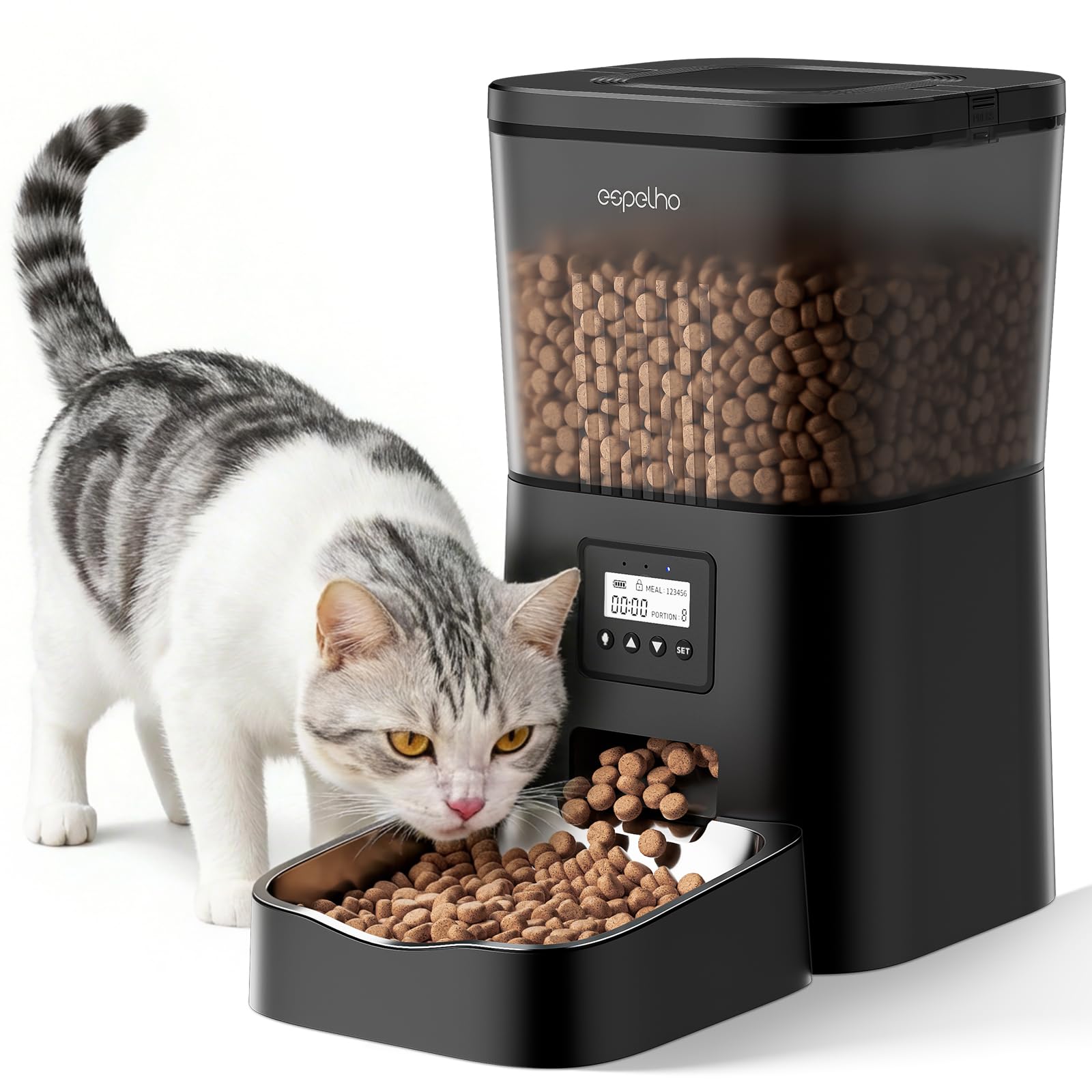Espelho Automatic Cat Feeder- 4L Timed Cat Food Dispenser 1-6 Meals Control for Cat and Small Dog- Auto Pet Feeder with Desiccant Bag Keep Fresh for Reliable Easy Set Up and Clean- Voice Recorder